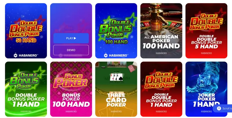 Glory Casino poker and cards games